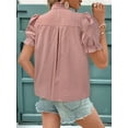 thumbnail image 5 of Women'S Summer Tops 2025 Casual Ruffle V Neck Puff Short Sleeve Button Down Shirts Embroidered Blouses Pink XL, 5 of 7