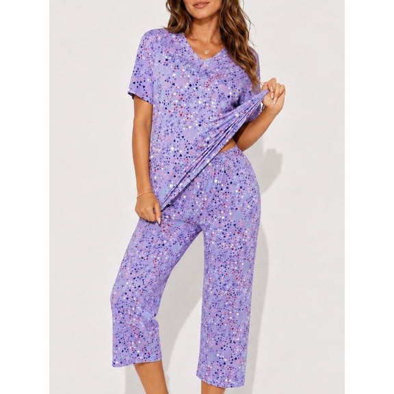 DAKIMOE Womens Pajama Set 2 Piece Short Sleeve V Neck Tops & Capri Pants, Comfy Soft Stretchy Sleepwear, Cute Printed Loungewear Lounge Set, Lightweight Pajamas for Women S-2XL
