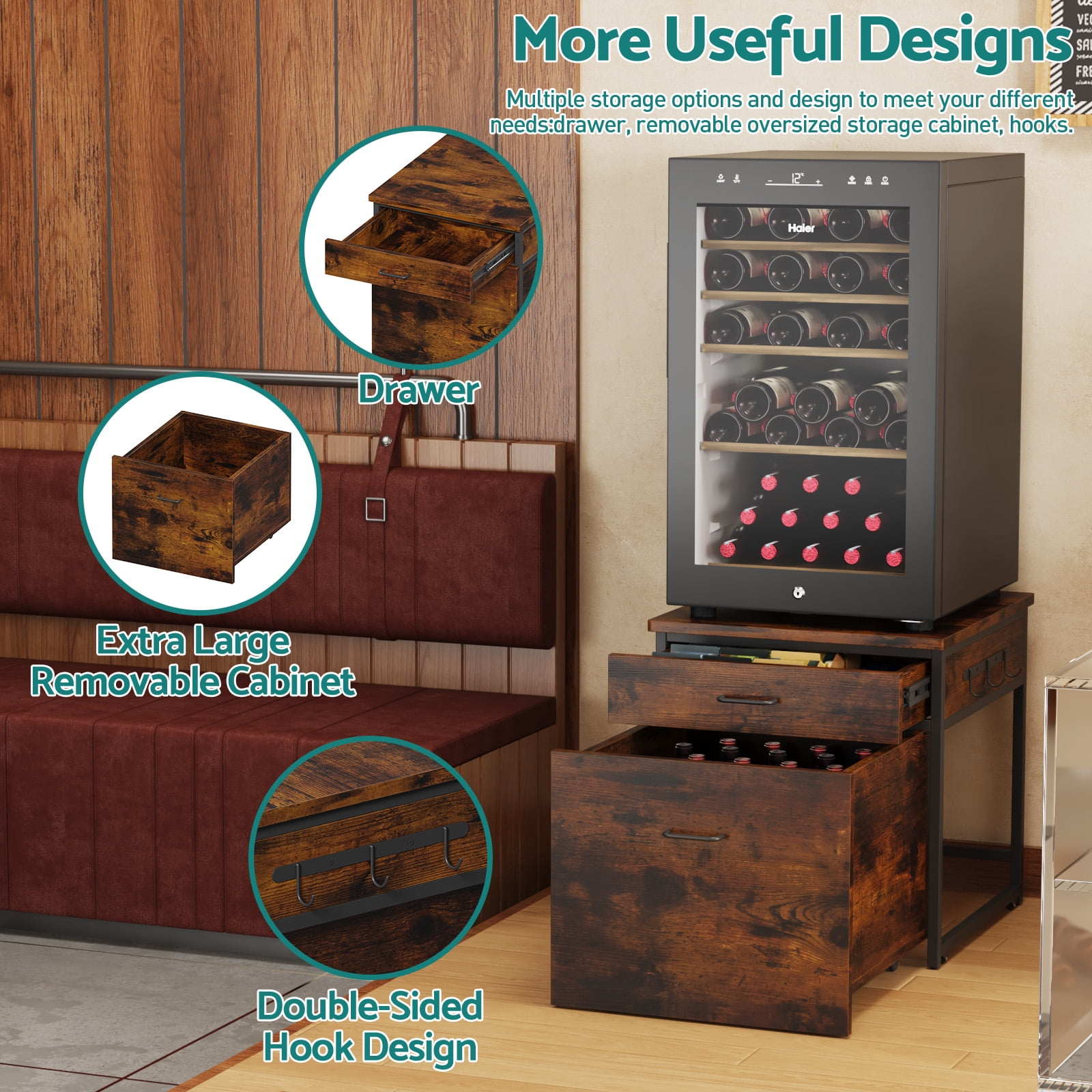 Advwin Heavy Duty Mini Fridge Stand with Storage, Mini Refrigerator Cart with Rolling Cabinet, Drawer & Lockable Wheels, Beverage Fridge Table for Dorm Home Office Bedroom, Rustic Brown