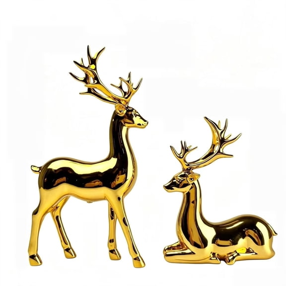 Set of 2 Gold Reindeer Figurines, Resin Christmas Deer Statues for Tabletop Mantel Holiday Home Decor