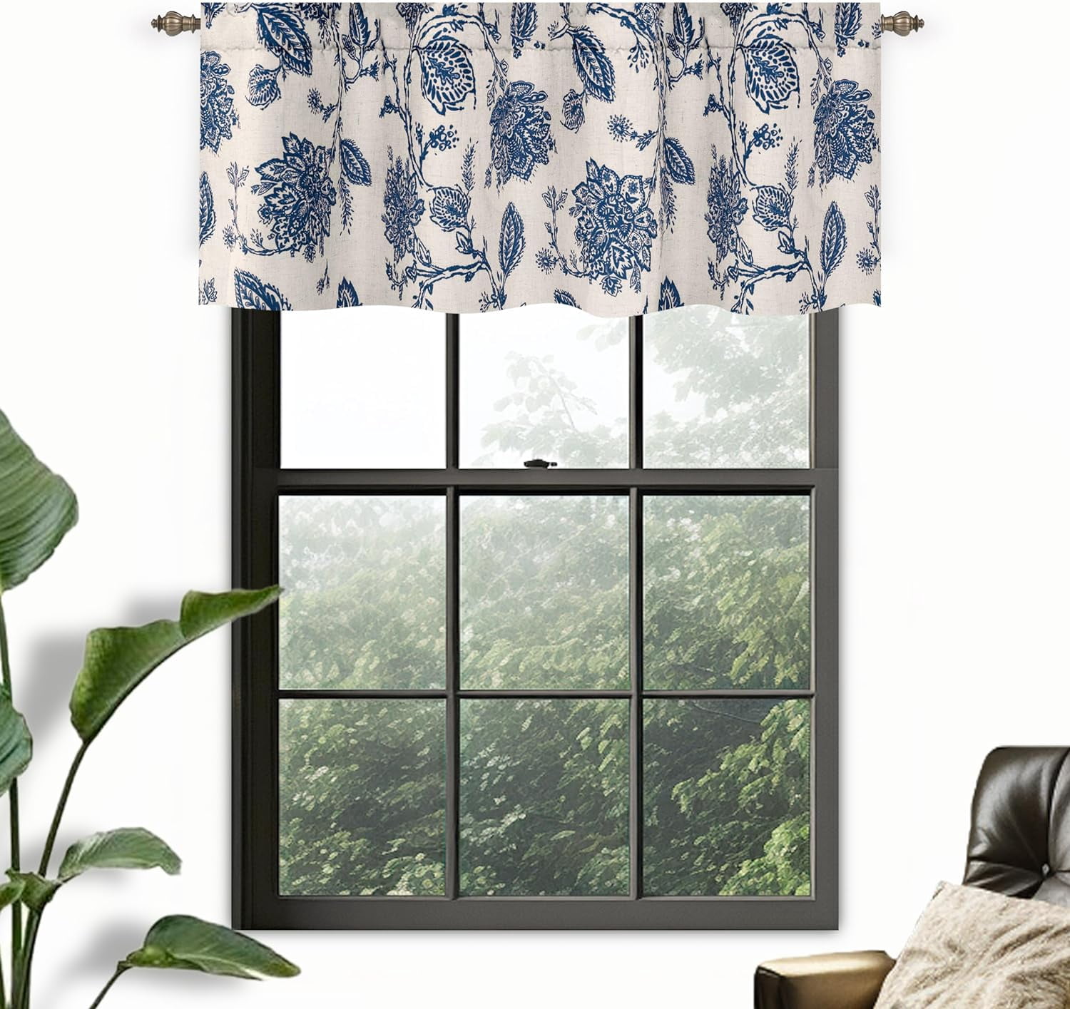 DriftAway Freda Jacobean Floral Linen Blend Blackout Thermal Insulated Energy Saving Privacy Window Curtain Valance Rod Pocket 2 Layers Single 50 Inch by 18 Inch plus 2 Inch Header Navy Beige