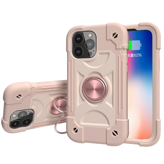TECH CIRCLE PC TPU Case for iPhone 15 Plus/15 - Shockproof 360 Rotating Kickstand Case with Phone Ring Holder Rugged 3-Layer Protective Cover, Pink