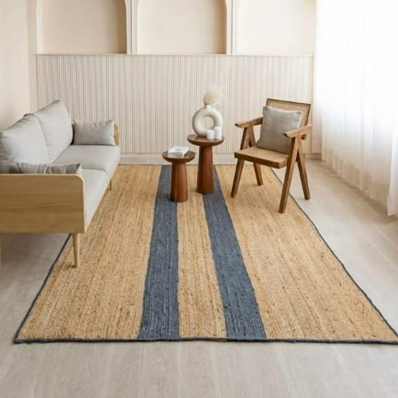 2x12 Ft Navy Blue & Natural Jute Area Rug, Hand-Woven Farmhouse Boho Style, Durable & Pet-Friendly Rug for Living Room, Dining Room, Bedroom and Hallway etc.