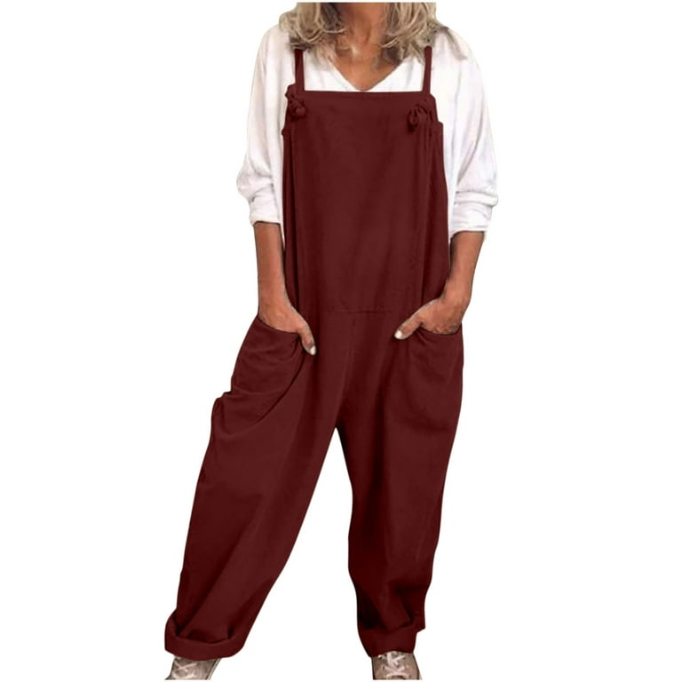 YWDJ Womens Jumpsuits Dressy Relaxed Fit Baggy Casual Linen Overalls Loose  Dungarees Romper Playsuit Cotton And Jumpsuit A Popular Choice for Everyday  Wear Work Casual Event 46-Wine XXL 