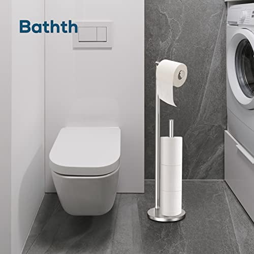 Freestanding Toilet Paper Holder Stand with Storage, Brushed Nickel Finish, Modern Bathroom Organizer for Tissue Roll Dispenser and Extra Storage Space