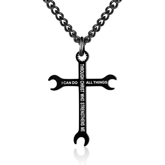 Celvieroot Cross Necklace for Men Stainless Steel Chain 24inch Wrench Tool Charm Pendant Personality Bible Verse Philippians 4:13 I CAN DO ALL THINGS Jewelry Inspirational Gift for Dad Son
