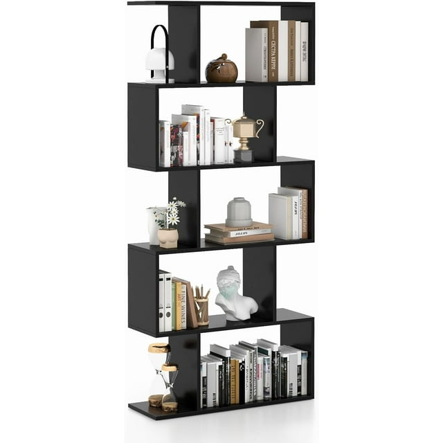 ZYPPPA 5-Tier Geometric Bookshelf, S Shaped Bookcase w/Anti-Toppling Device, Freestanding Room Divider, Industrial Home Office Decor Wood Open Storage Display Shelf for Living Room (1, Black)