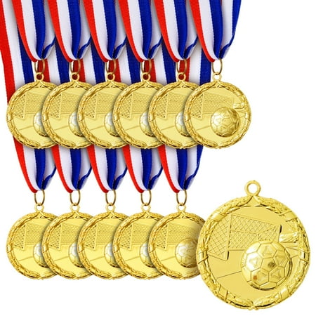 12 Pack Soccer Award Medals for Adults – Team Participation Trophies with Red White and Blue Striped 15.5 Ribbon Sports Themed Futbol Party Favors (2 In Metal Gold)