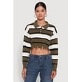 thumbnail image 2 of Womens Striped Polo Collar Frayed Hem Crop Sweater, 2 of 5
