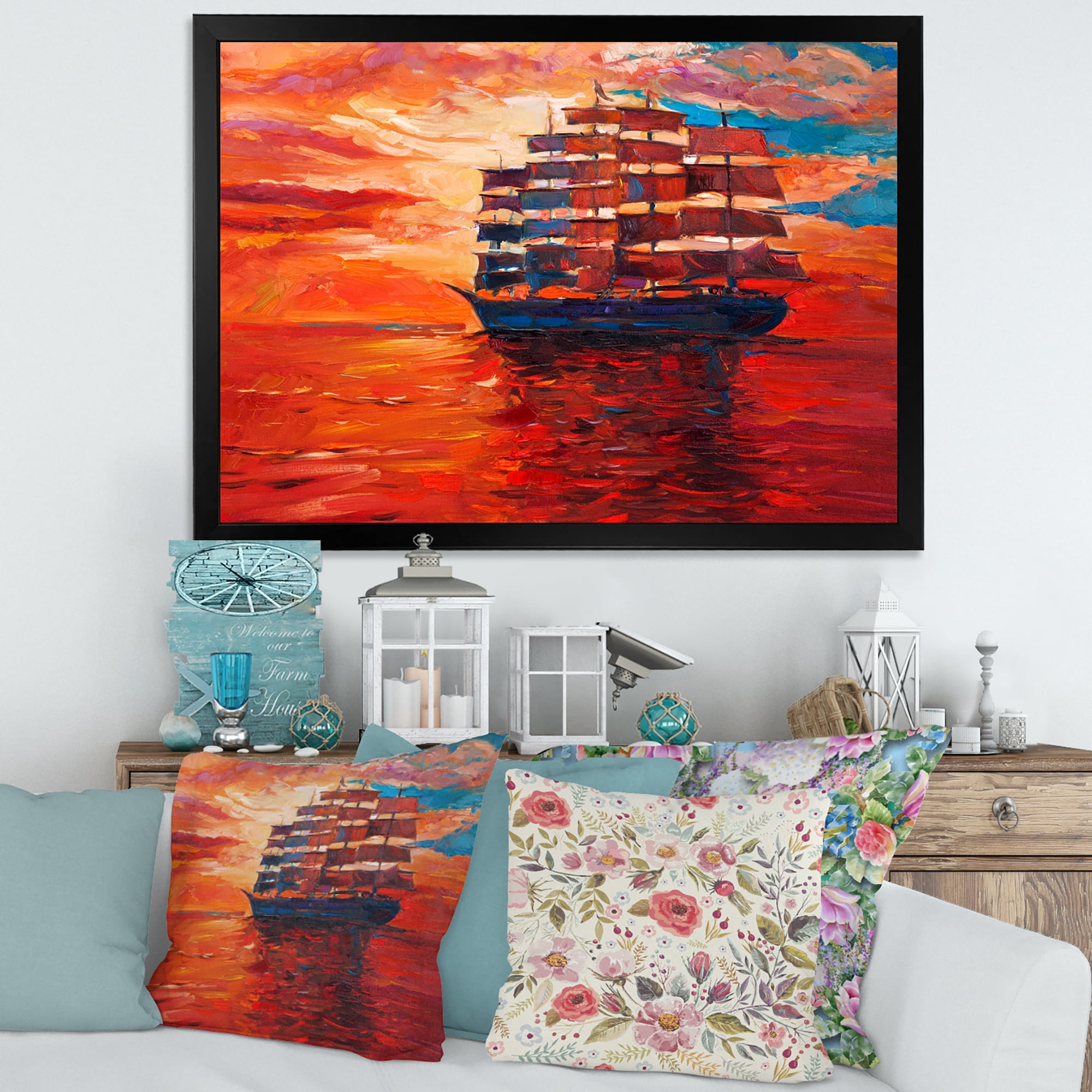 Frigate During Red Evening Glow On The Ocean Horizon 40 in x 30 in Framed Painting Canvas Art Print, by Designart