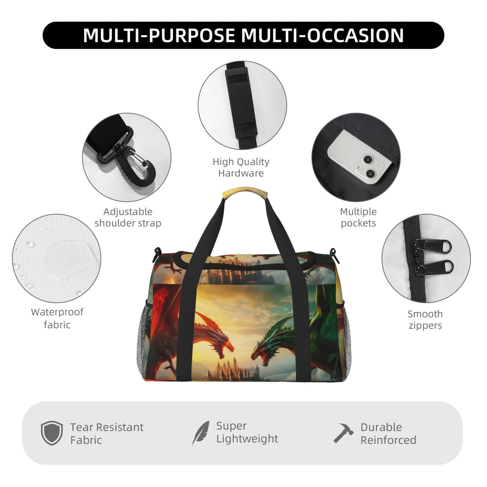 Fuzoiu Castle Red Green Sky Dragon Print Travel Duffle Bag,Carry On Tote Bags,Duffel Bag,Sport Gym Bag, Hospital Bag for Labor and Delivery, Overnight Bag,Luggage Bag