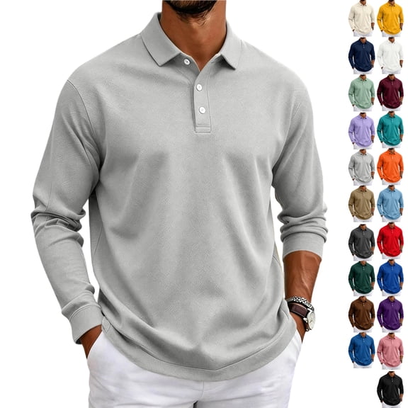 LTTVQM Long Sleeve Polo Shirt for Men Classic Breathable Button Neck Collared Top Solid Tone Golf Casual Daily Shirt Light Gray 2XL