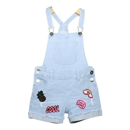 - Girls Light Blue Denim Cute Appliques Trendy Casual Overalls