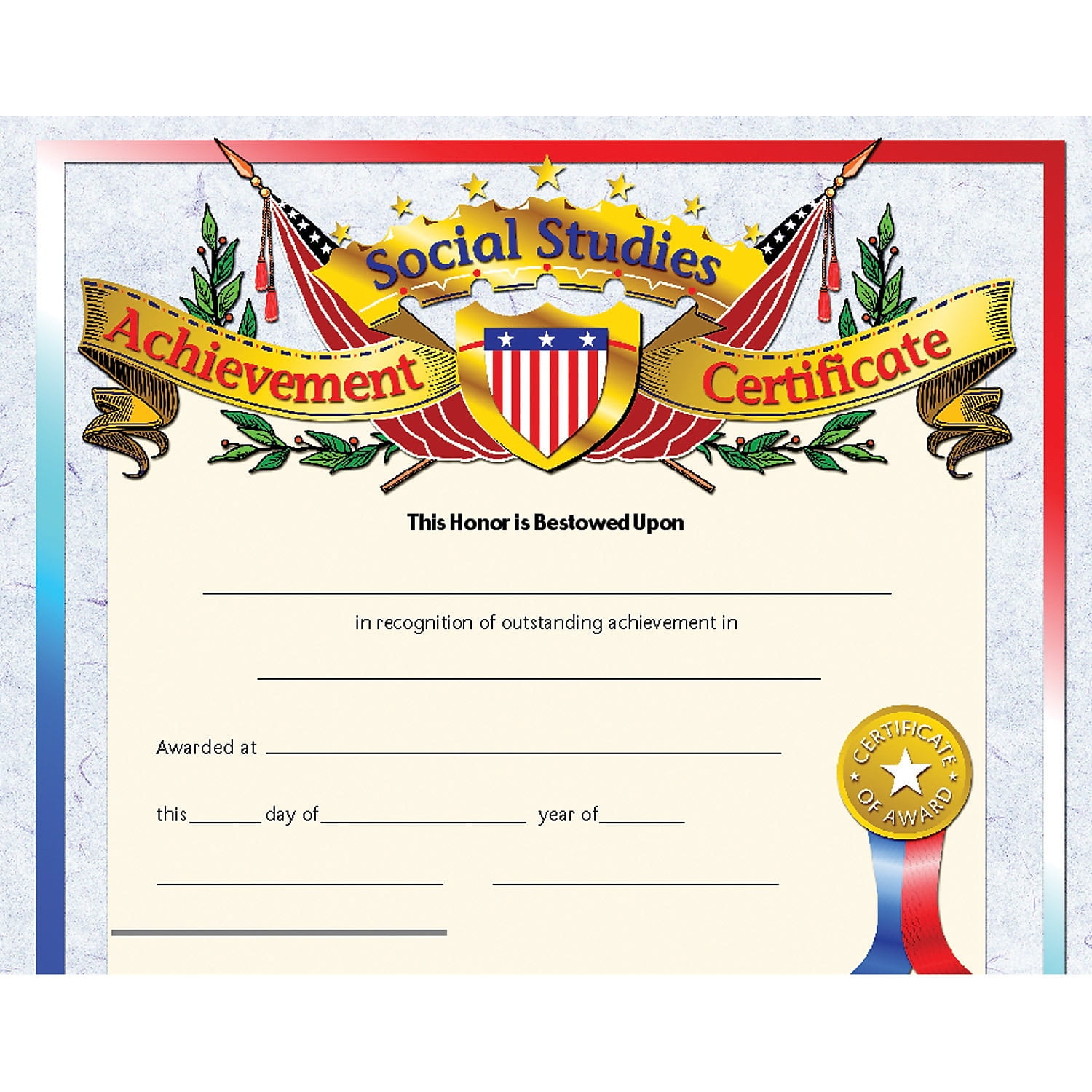 Hayes Social Studies Achievement Certificate 8.5'' x 11'' Pack of 30 (H-VA675)