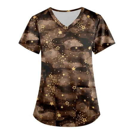 

XHJUN Scrub Tops Women Healing Hands Scrubs Stretch Women s Floral Print Fashion Scrub Top Coffee XXXXXL
