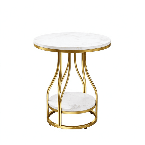 2-Tier Faux Marble End Table, White & Gold Round Side Table for Living Room/Bedroom/Nightstand