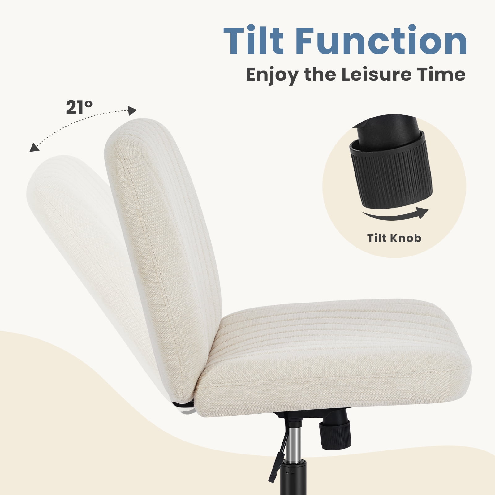 EDX Armless Office Chair Criss Cross Legged Chair with Wheels, Comfy Home Vanity Task Desk Chair, Beige