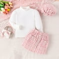 thumbnail image 2 of TFEOQRY Toddler Girls 2 Pieces Cotton Outfits High Neck Lantern Long Sleeve Top White + Tweed Plaid Skirt + Hat Set Pink, 2 of 9