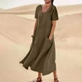 thumbnail image 2 of Ecqkame Women Cotton Linen Dress Solid Color Crew Neck Short Sleeve Long Dress Summer Casual Flowy Beach Dresses with Pockets 03-Khaki XXL, 2 of 6