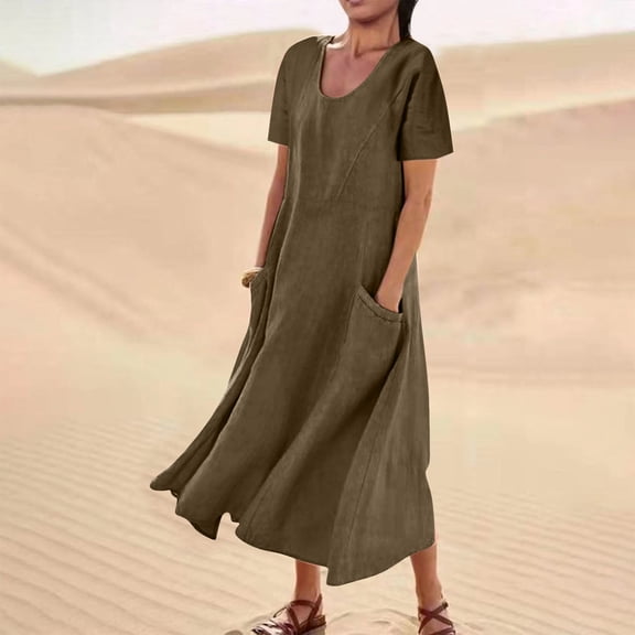 BRGZLK Women Cotton Linen Dresses Summer Solid Color Breathable Cozy Casual Double Pocket Loose Fit Short Sleeve Round Neck Maxi Long Dress Khaki XXL