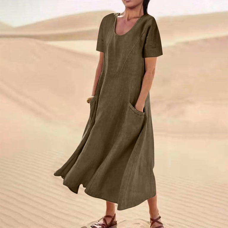 Dezsed Summer Dresses for Women Casual Loose Cotton Linen Dresses with  Pockets Beach Vacation Sleeveless Flowy Sundresses Coffee XL - Walmart.com