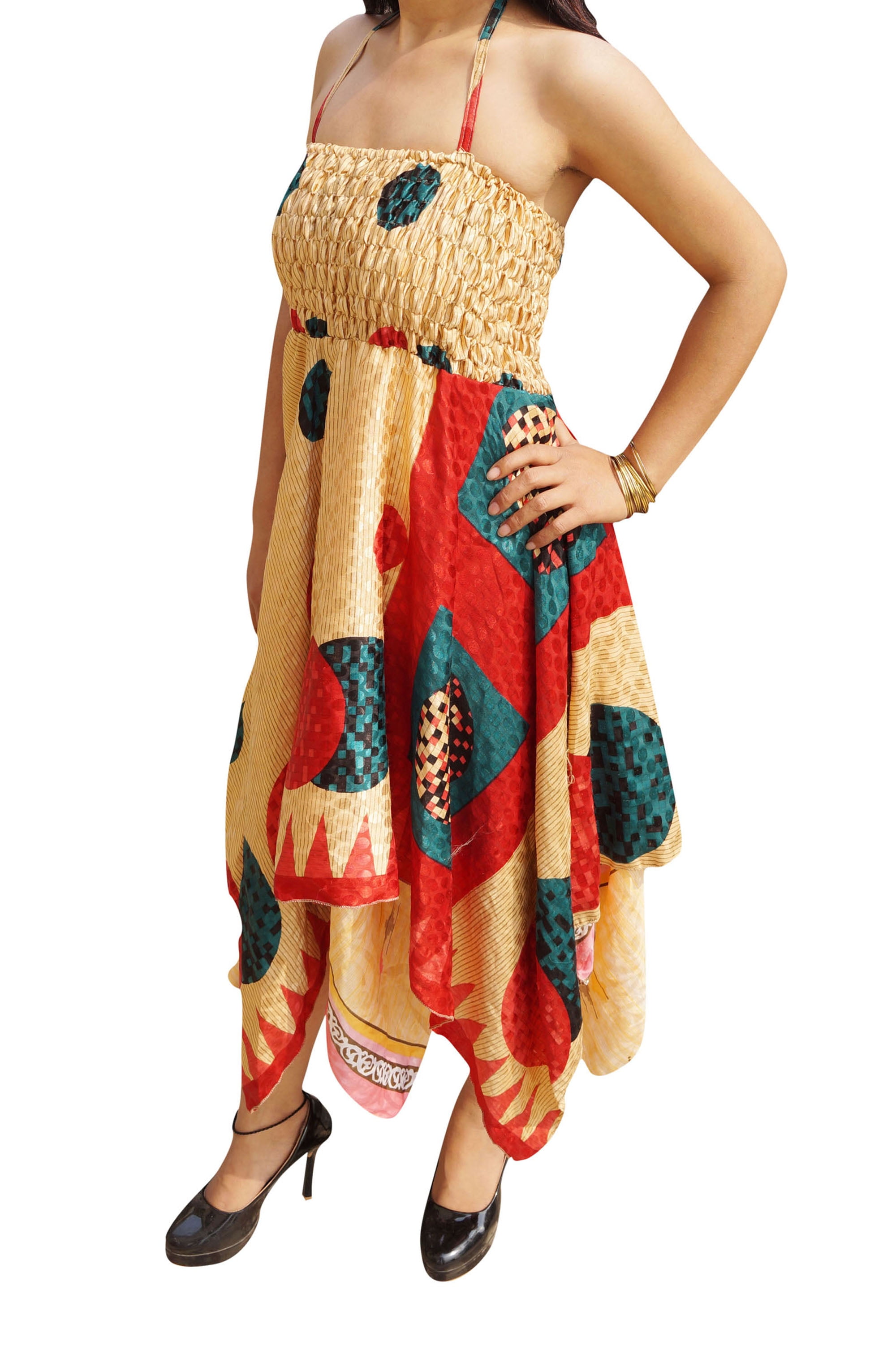 Mogul Womens Halter Dress Handkerchief Hem Recycled Sari Two Layer ...