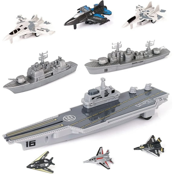 TYMZDYN 9 Pack Army Toys for Boys - Launching Military Aircraft Carrier Toys Set Military Naval Ship with Battleship, Supply Ship, Fighter Jets, Aircraft Carrier Model Kit Cool Toys for Boys Girls