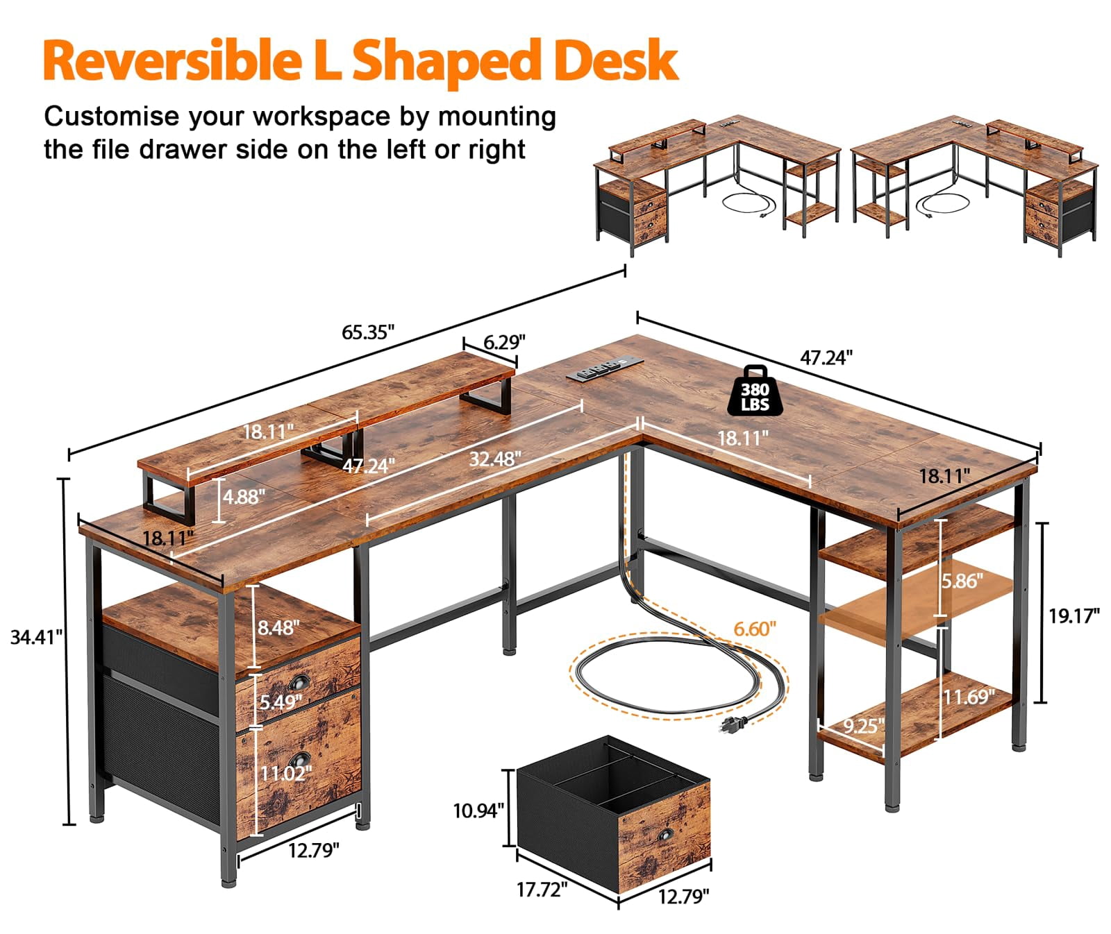 Furologee 66” L Shaped Desk with Power Outlet, Reversible Computer Gaming Desk with File Drawer & 2 Monitor Stands for Home Office with Storage Shelves, Rustic Brown