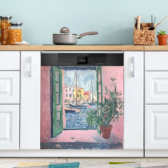 Yayeee Magnetic Dishwasher Cover for The Front Decoration Home Kitchen Machine Sticker Protector, Green Window Sea