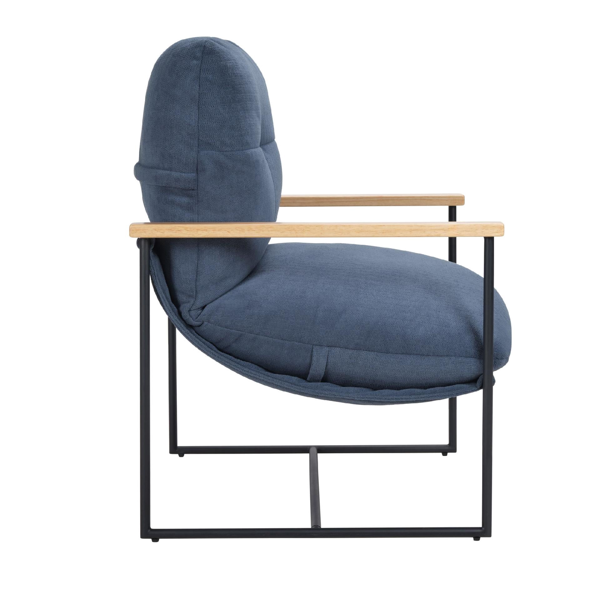 Modern Accent Chair, Removable Cushion Vanity Chair with Solid Wood Armrests, Comfy Upholstered Chair for Living Room, Bedroom, Home Office, Blue