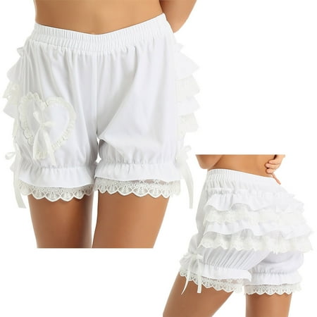 Linjinx Women s Tiered Ruffle Lace Panties Dance Bloomers Victorian Steampunk Shorts Pettipants White L