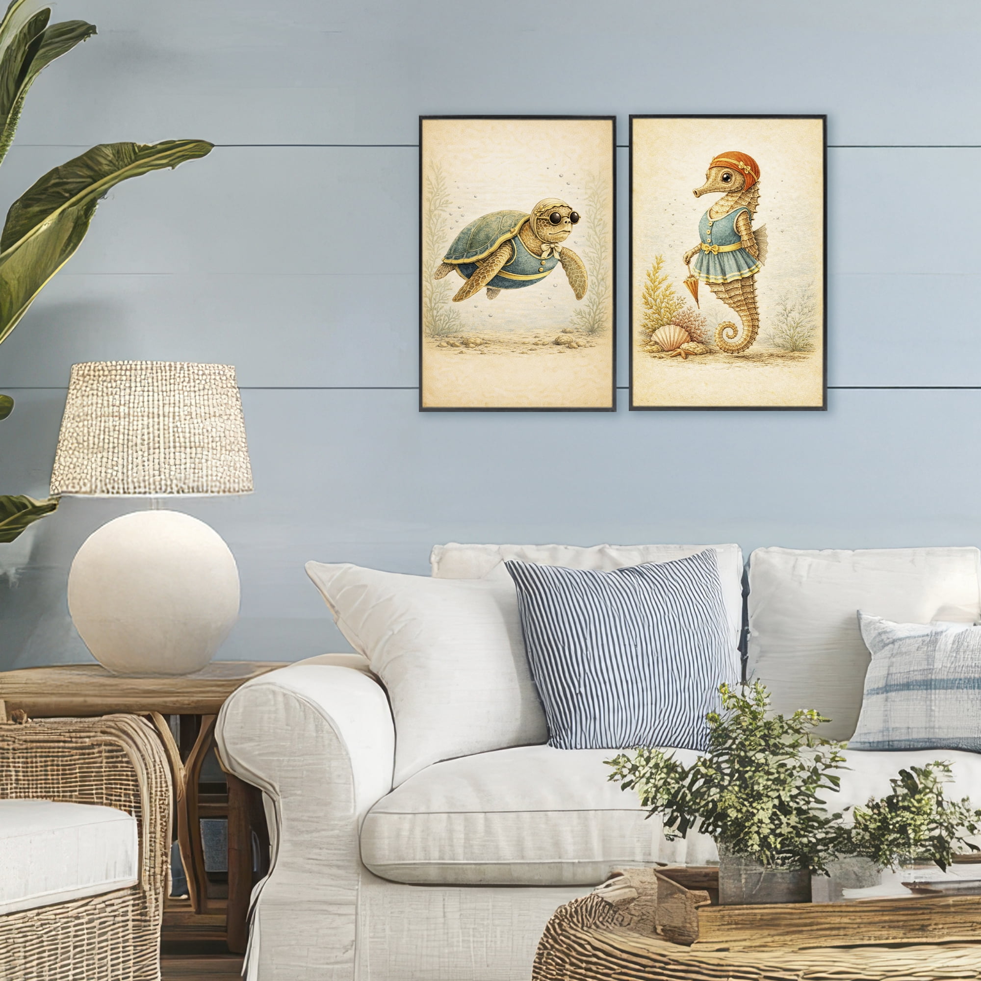 Stupell Industries Vintage Maritime Bathing Animals 2 Piece Black Framed Giclee Art Set, design by Grotto Studios