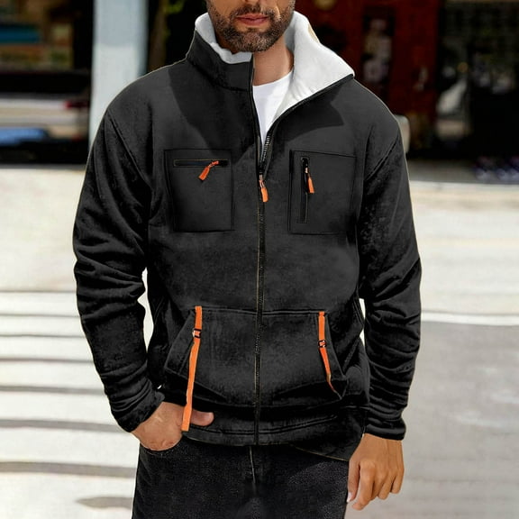 DPTALR George Men's Casual Fashionable ，Solid Color ，Long Sleeve ，Stand Collar Shirt with Zipper,Pocket,Black,Big and Tall Men XXL