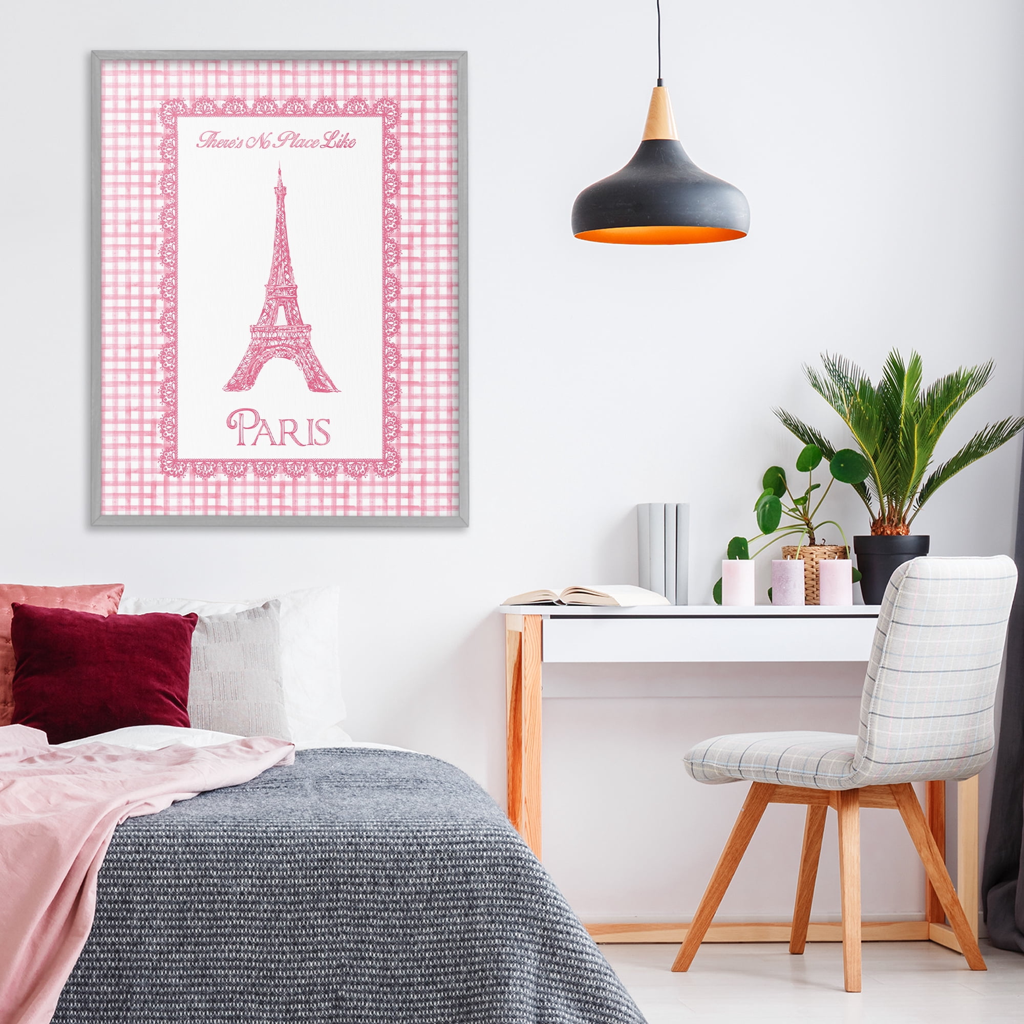 Stupell Industries No Place Like Paris Pink Lace Gray Framed Giclee Art, design by Conrad Knutsen