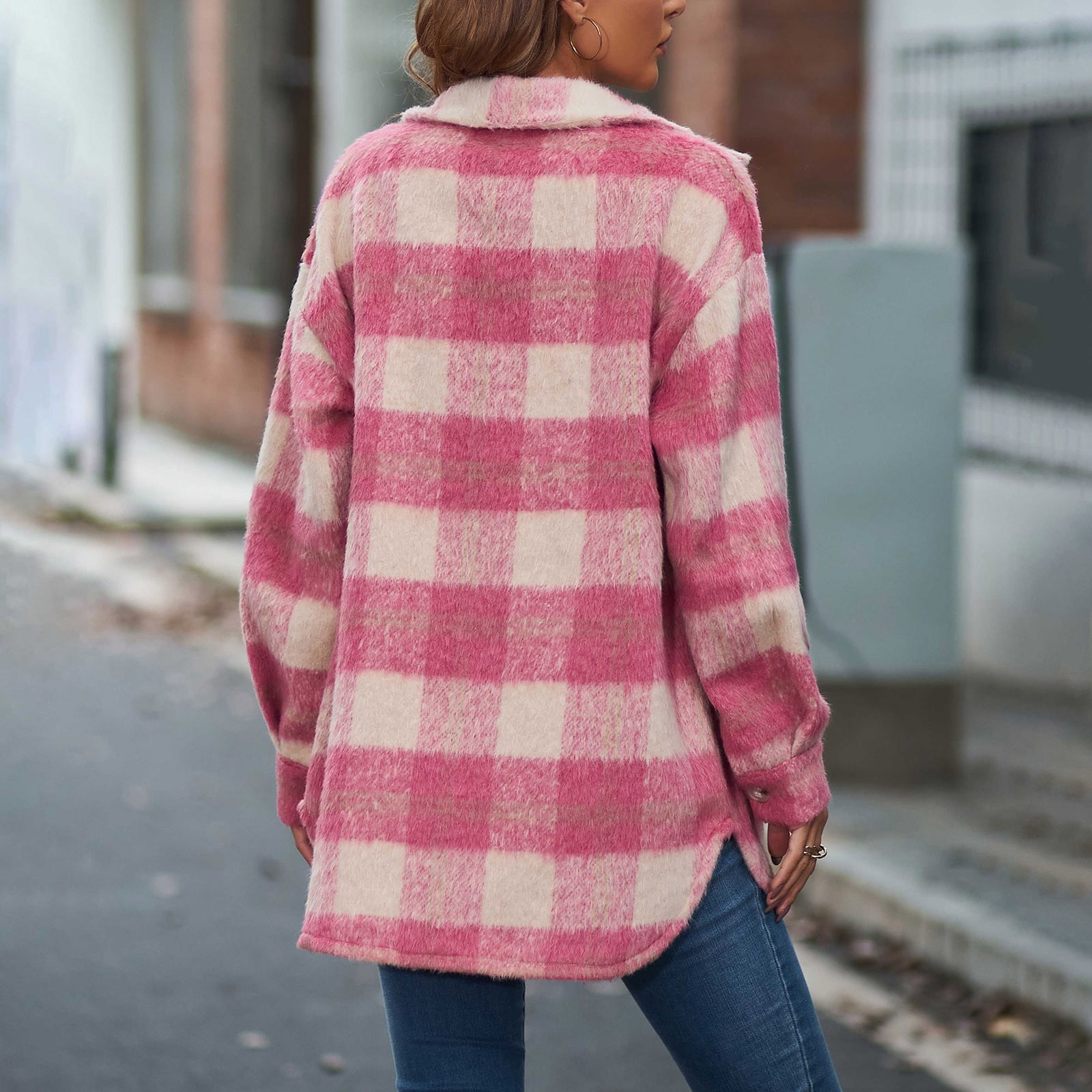 極美品 MADISONBLUE QUILTING COAT FLANNEL Brown and Aqua Plaid Knit Hybrid Blazer | J.Hilburn