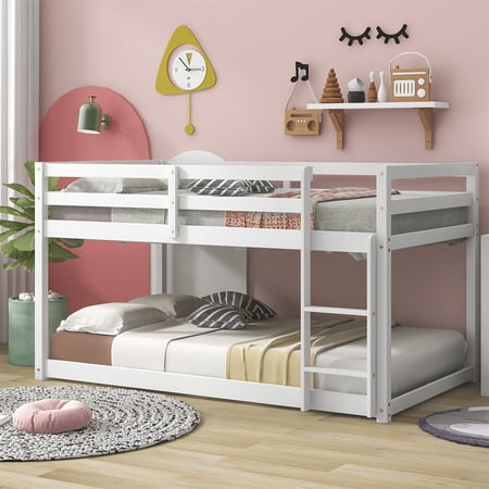 JINS&VICO Twin over Twin Low Bunk Bed for Kids Boys and Girls  Twin Size Wood Floor Bunk Bed Frame with Slat  Ladder and Safety Guardrails  Space Saving Bedroom Furniture  White