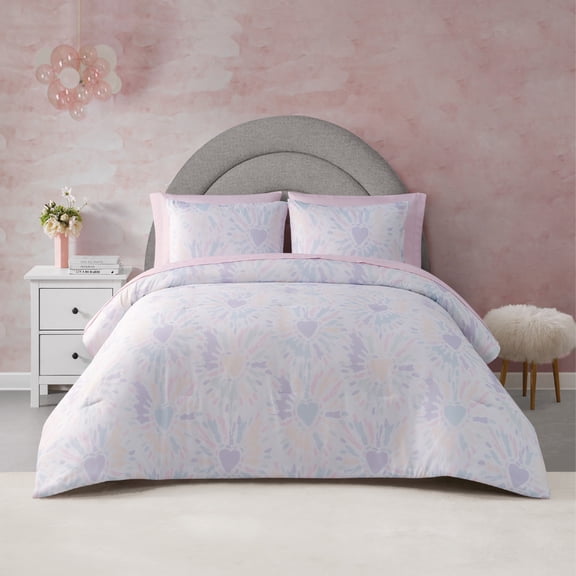 Skylar 5pc/7pc Printed tie dye Heart Bed in a Bag for Kids, Reversible Comforter set with bed sheets