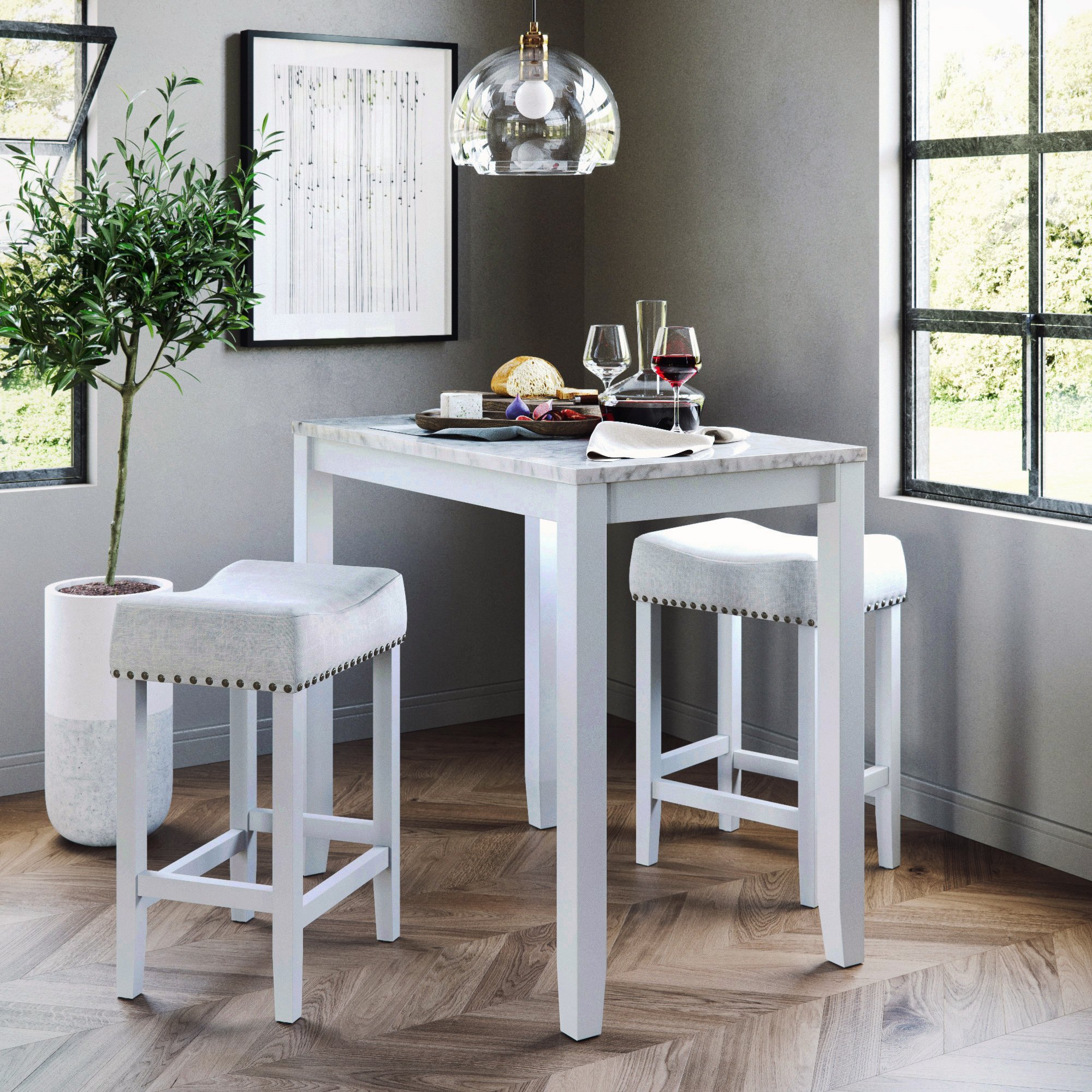 Buy Nathan James Viktor Three Piece Dining Set Kitchen Pub Table Marble Top White Wood Base Light Gray Fabric Seat Online In Hong Kong 970390178