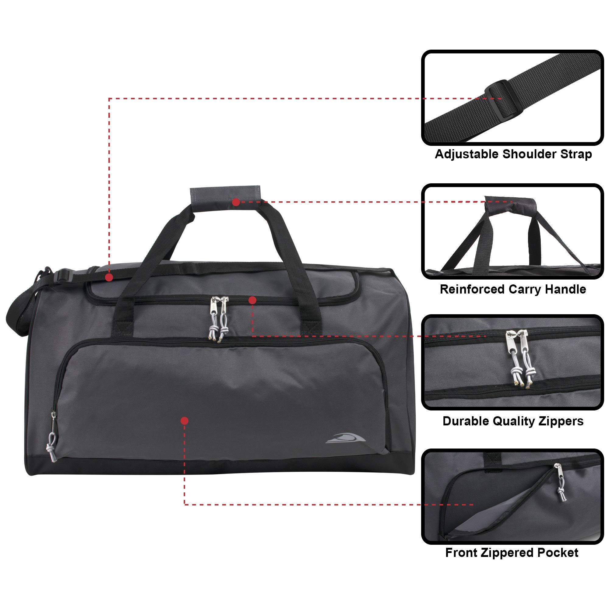 24 Pack 55 Liter Capacity Unisex Duffel Bags with Handle and Luggage Shoulder Strap for Gym, Travel and Commuting in Gray