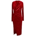thumbnail image 5 of Njoeus Women's Wrap V Neck Split Sequin Velvet Elegant Dress Glitter Long Sleeve Bodycon Ruched Cocktail Party Midi Dress, 5 of 5