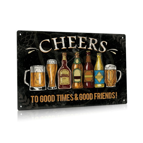 Putuo Decor Vintage Bar Decor Pub Beer Cheers Sign 12"x8" -Cheers to Good Time & Good Friends - Retro Bar Signs for Home Bar Man Cave Wall Decor