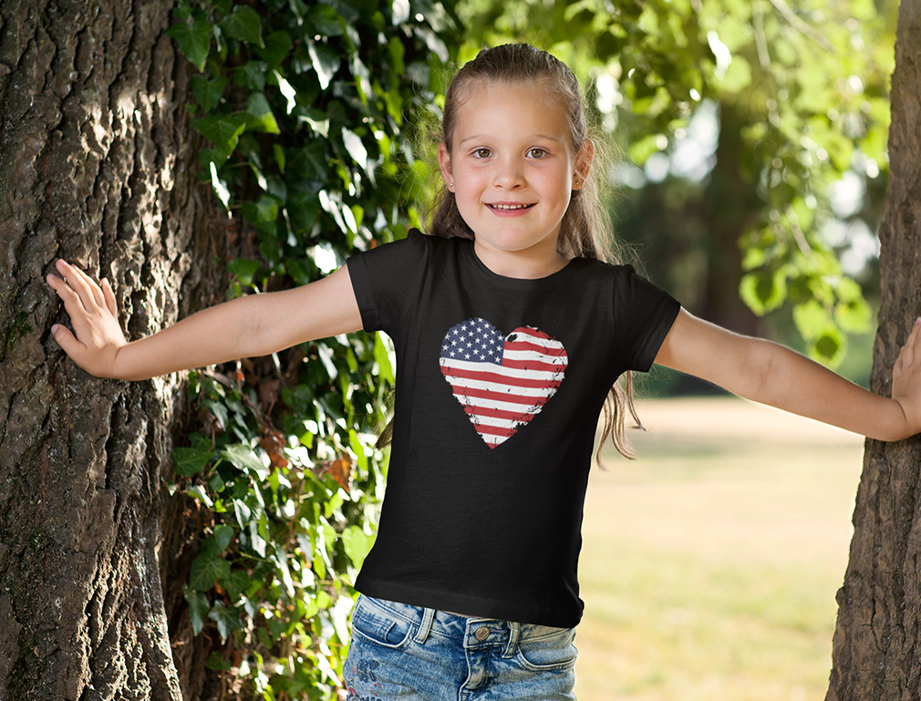 Love USA 4th of July Tstars Girls Fitted T-shirt - American Heart Flag Graphic Tee - Ideal Independence Day Gift for Patriotic Young Girls - Kids Holiday Apparel - XL (11-12) Black - image 4 of 6