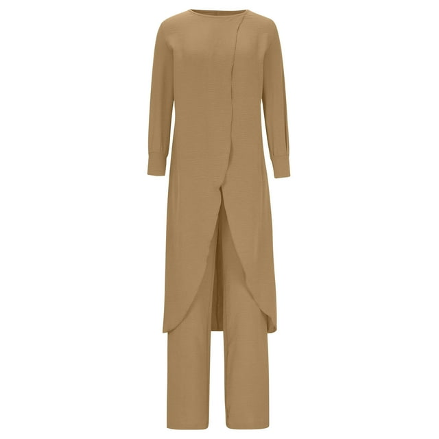 Ensemble de Vacances Femmes 2 Pcs Tenues Tunique à Manches Longues et Pantalon Grand Grande Taille Tenues de Détente Sets Fall Ensemble de Détente S-86 Kaki TTG