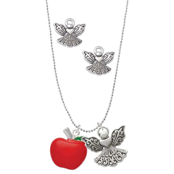 Delight Jewelry Silvertone Large Red Apple Silver tone Guardian Angel Charm Necklace and Stud Earrings