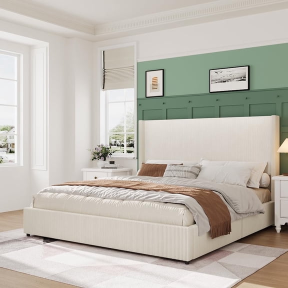 Eastvita Queen Upholstered Bed Frame with Storage Drawers, Corduroy Wingback, Tufted Headboard & Footboard, Beige