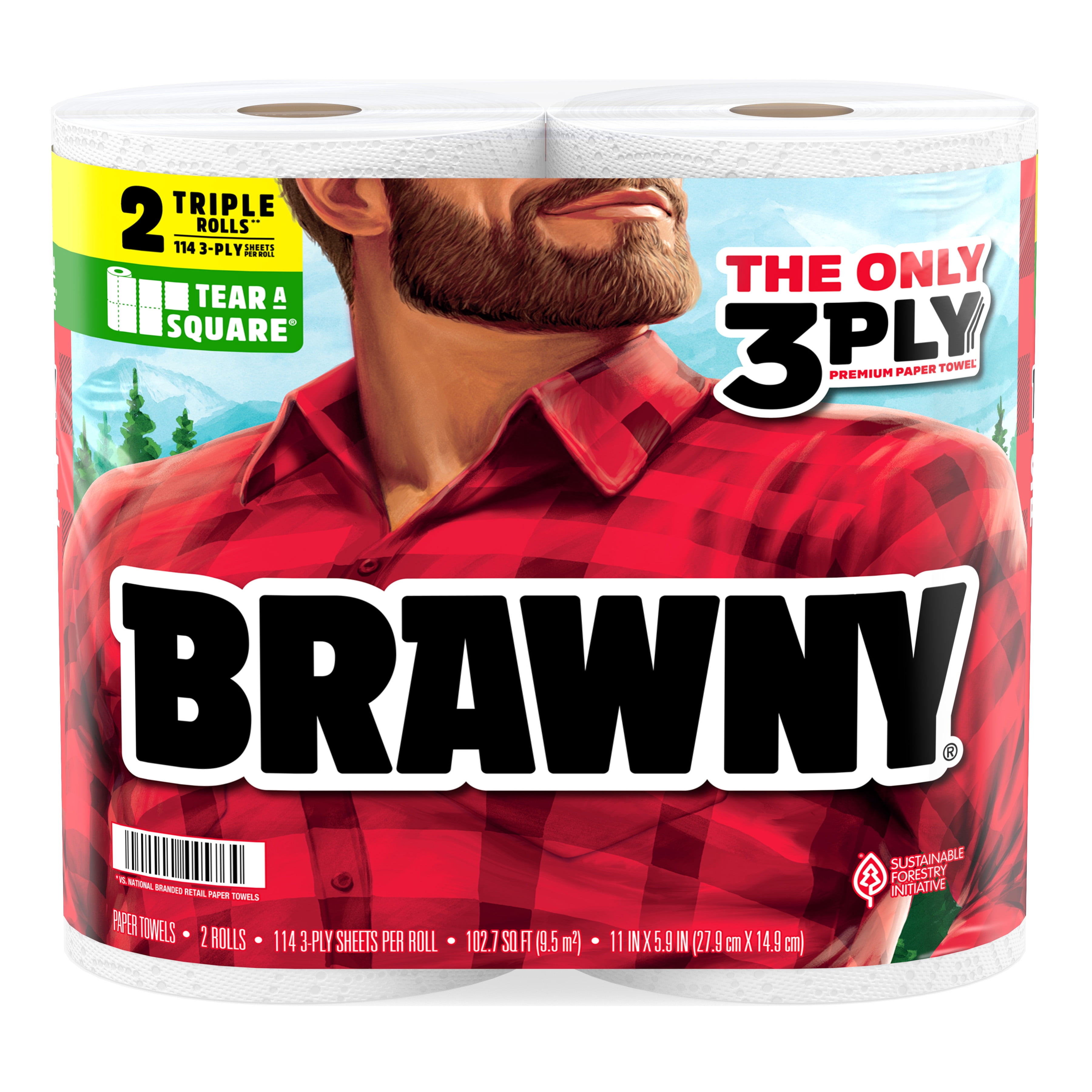 Brawny Tear-A-Square 3-Ply Paper Towels, 2 Triple Rolls, 114 Sheets per Roll