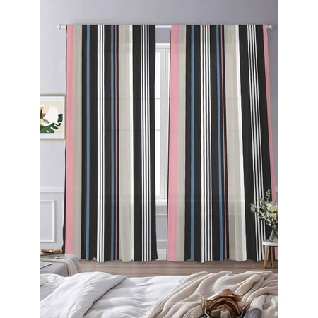 Sheer Curtains 96 Inches Long 2 Panels Vintage Black Beige Pink Stripe Rod Pocket Curtain Voile Draperies Abstract Watercolor Lines Light Filtering Window Treatment for Living Room Kitchen Bedroom