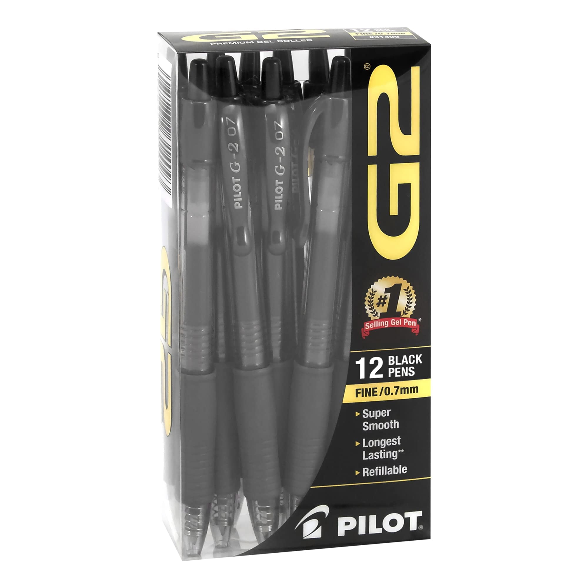 Pilot G-2 Retractable Fine Point Gel Ink Pens, Fine Point, 0.7 mm, Black Barrel, Black Ink, Pack Of 12