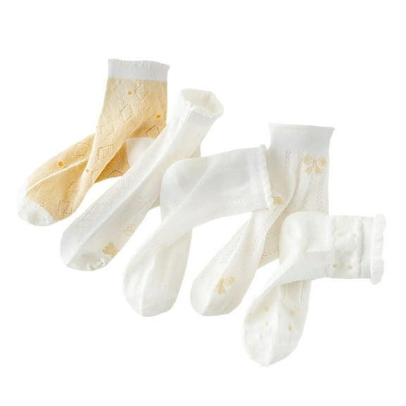 ZQUUVOU 5 Pairs Girls' Ruffle Socks Summer Thin Bow Print Cute Crew Socks Cotton Breathable Mesh Casual Socks Yellow