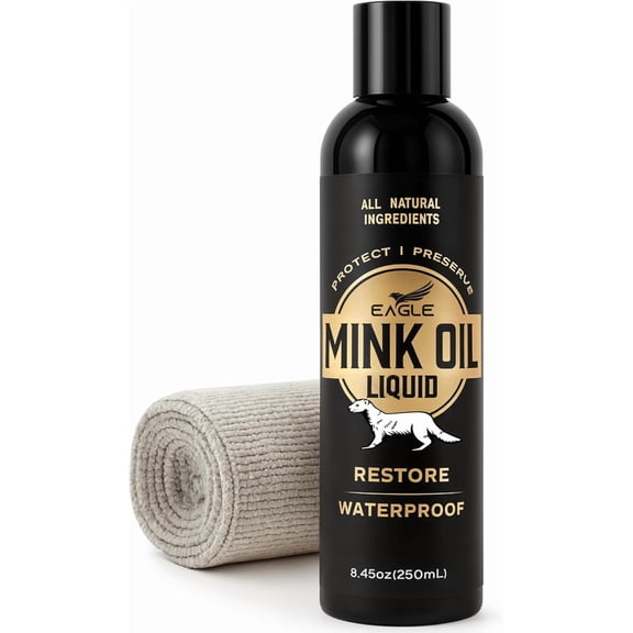 Mink Oil Liquid Leather Conditioner 8oz with Cloth – Softens, Waterproofs & Preserves Boots, Shoes, Bags, Jackets & Furniture – Natural Leather & Vinyl Conditioner for Long-Lasting Protection